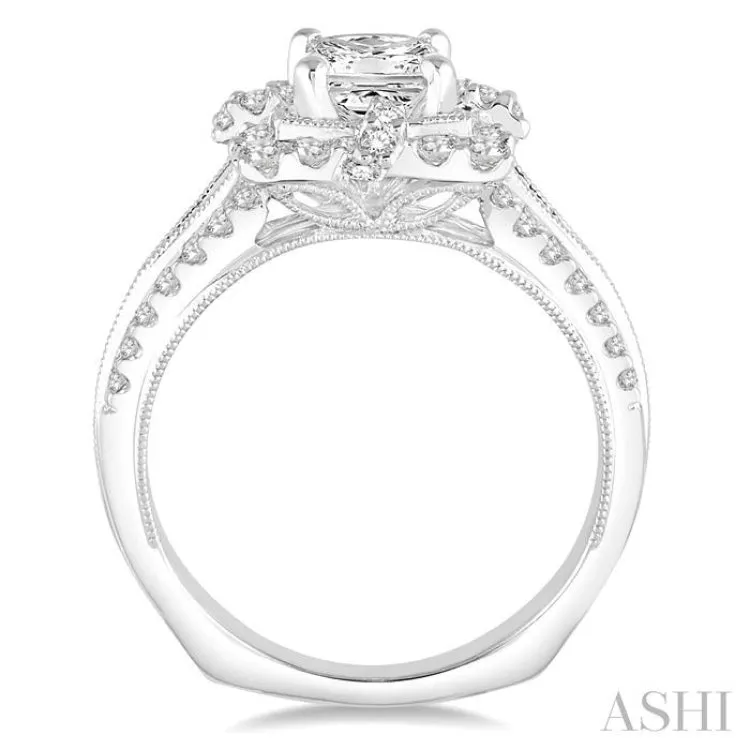 1 1/2 Ctw Diamond Engagement Ring with 3/4 Ct Princess Cut Center Stone in 14K White Gold