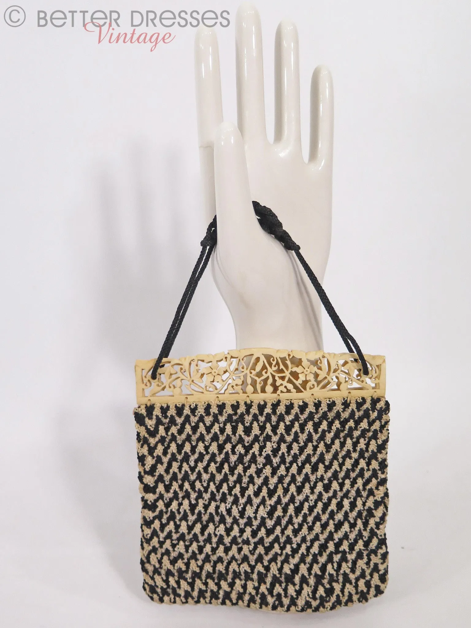 30s Carved Bone and Crochet Purse