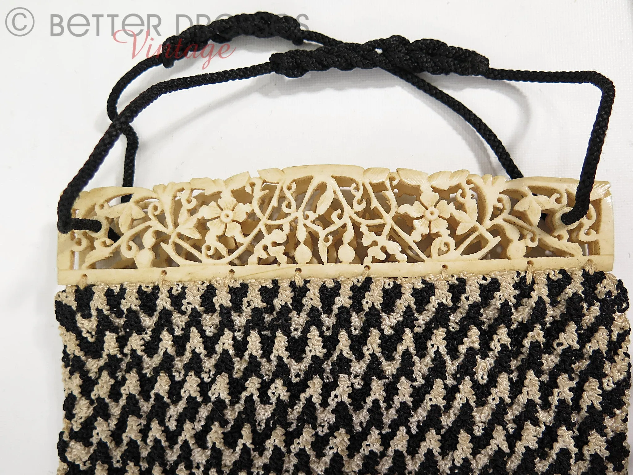 30s Carved Bone and Crochet Purse