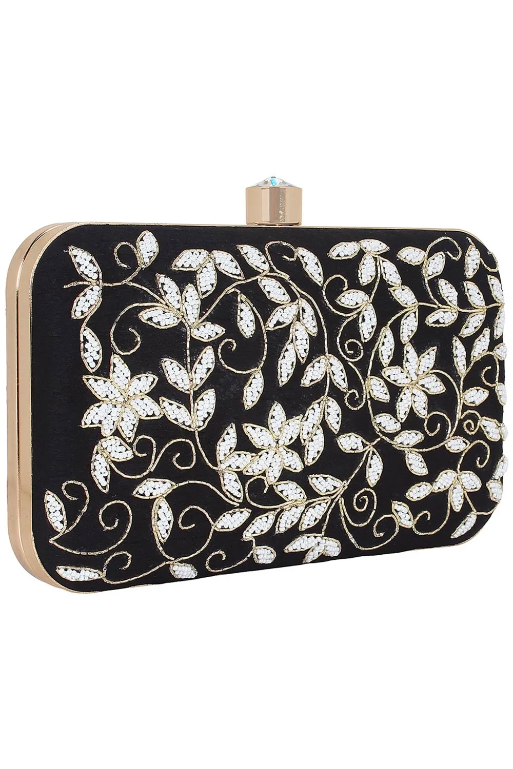 Adorn Embelished Faux Silk Fabric Clutch Black & White