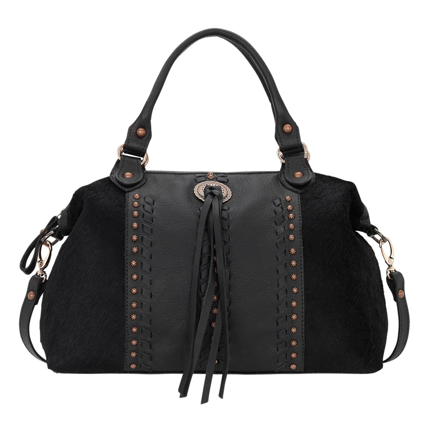 American West Cow Town Black Hair-On Leather Zip Satchel Bag