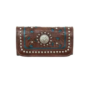 American West Lady Lace Chestnut Brown/Dark Turquoise Leather Trifold Wallet