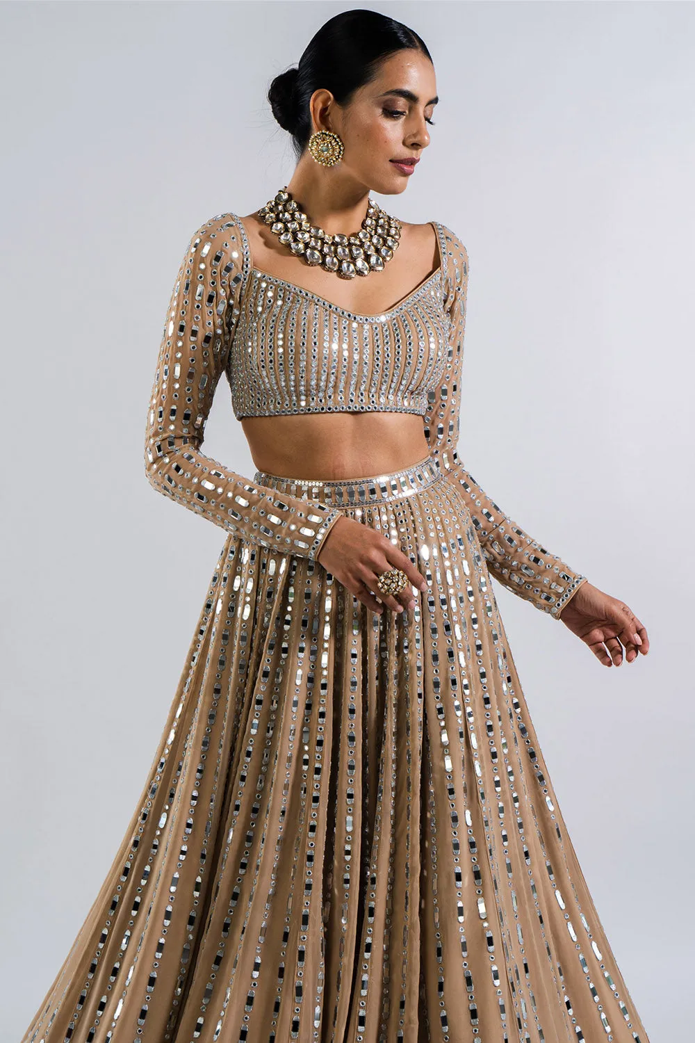 Beige Linear Drop Lehenga Set