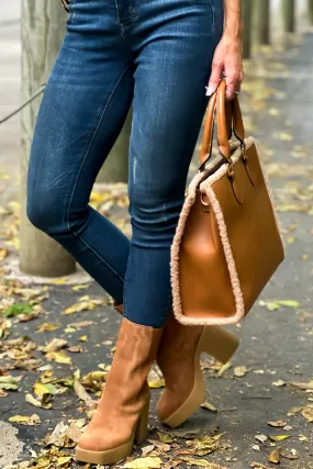 Bevin Sherpa Trimmed Tote : Tan/Brown