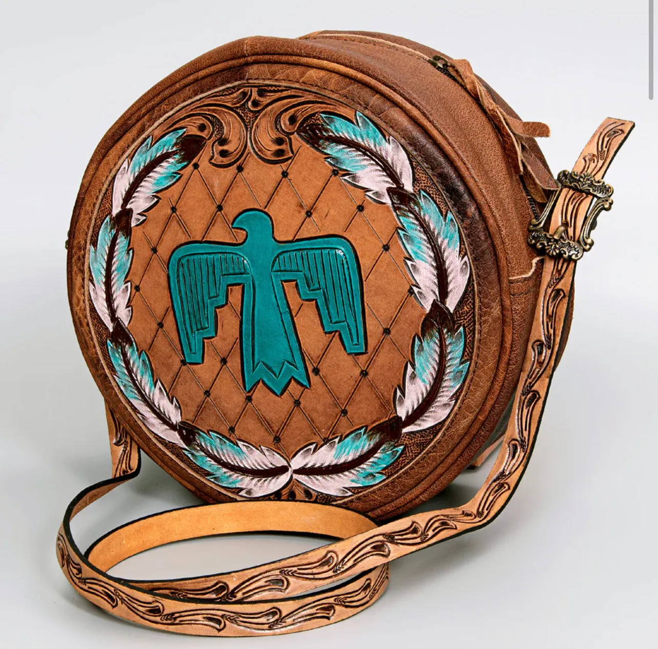 CANTEEN HAND TOOLED THUNDERBIRD LEATHER HANDBAG