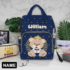 Custom Name Crown Bear Navy Blue Diaper Bag Backpack Kid's School Bag