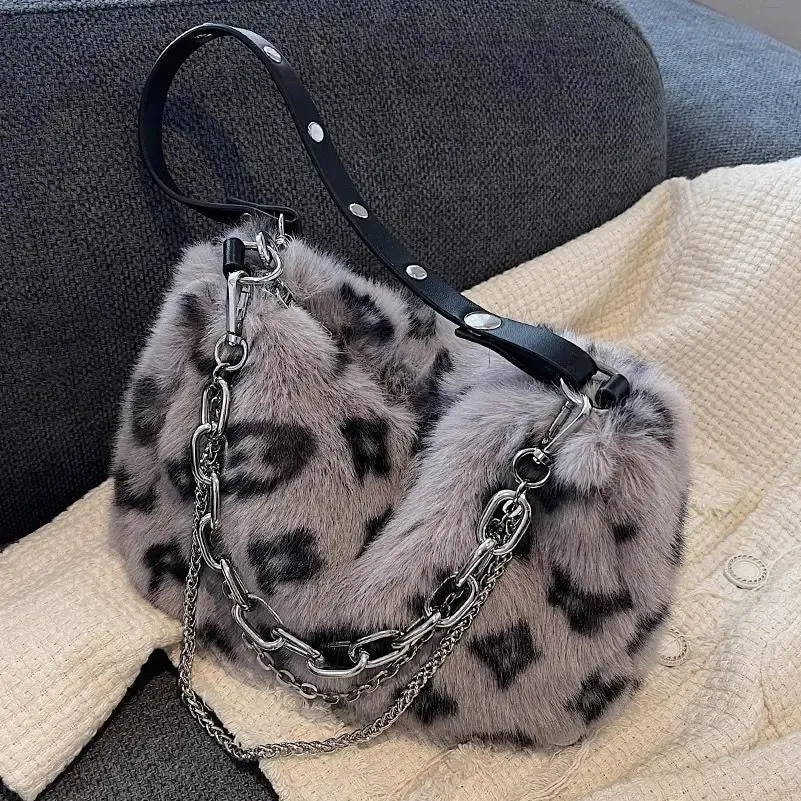 Faux Fur Print Shoulder Bag