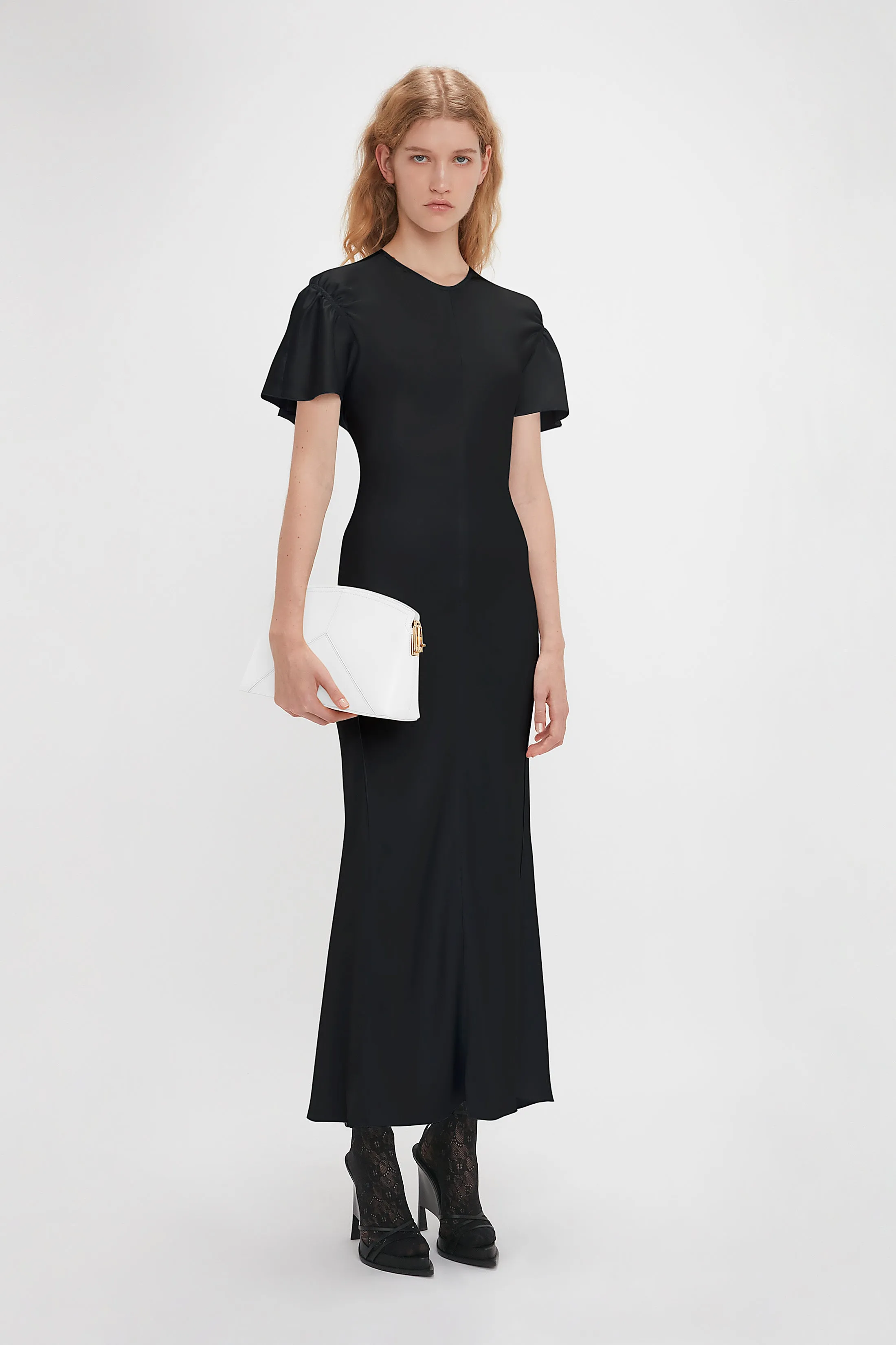 Gathered Sleeve Midi Dress In Black