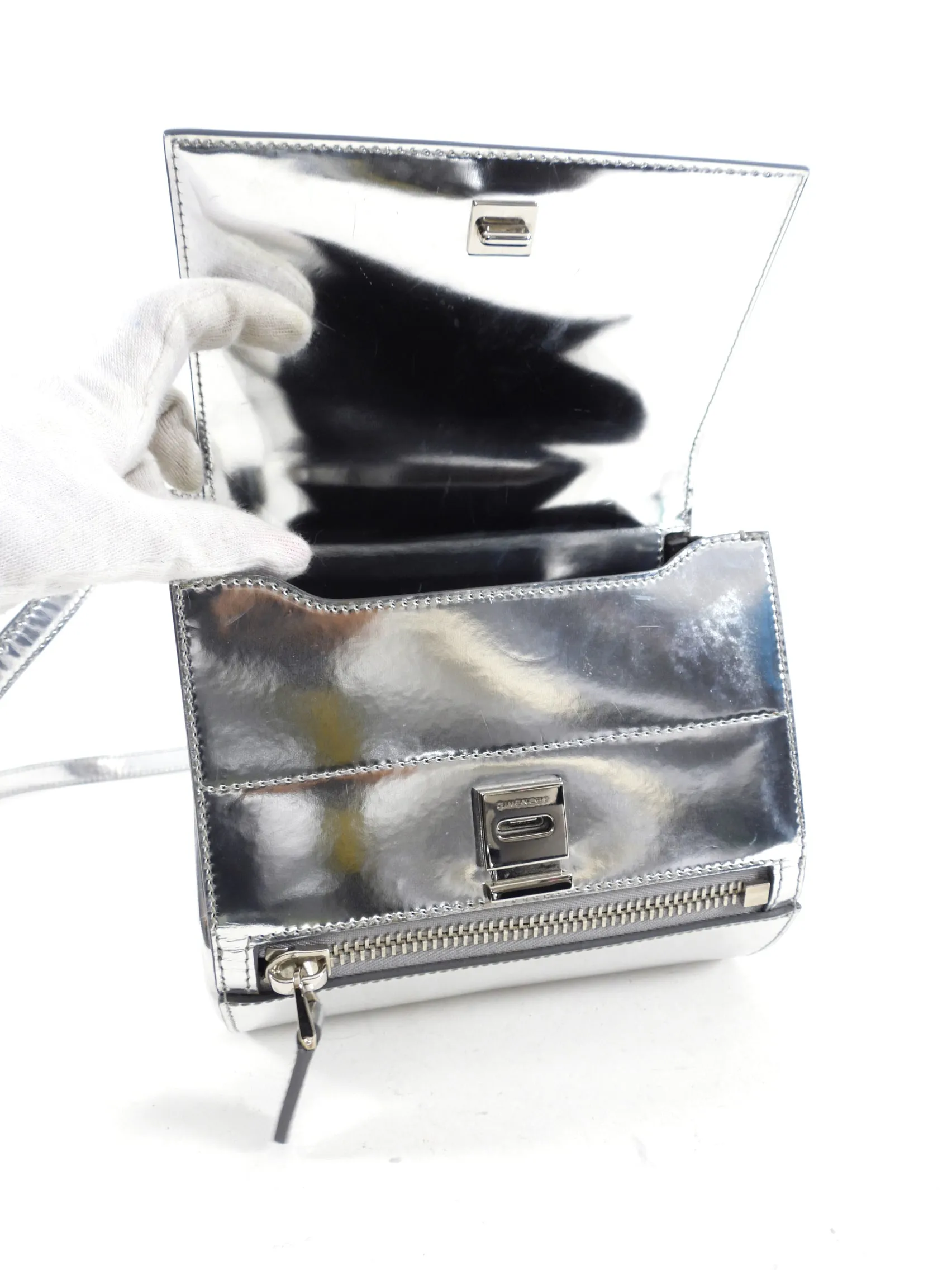 Givenchy Silver Metallic Leather Mini Pandora Box Bag