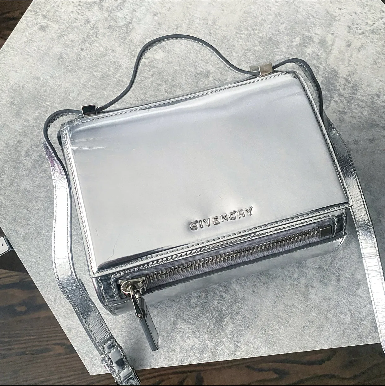 Givenchy Silver Metallic Leather Mini Pandora Box Bag