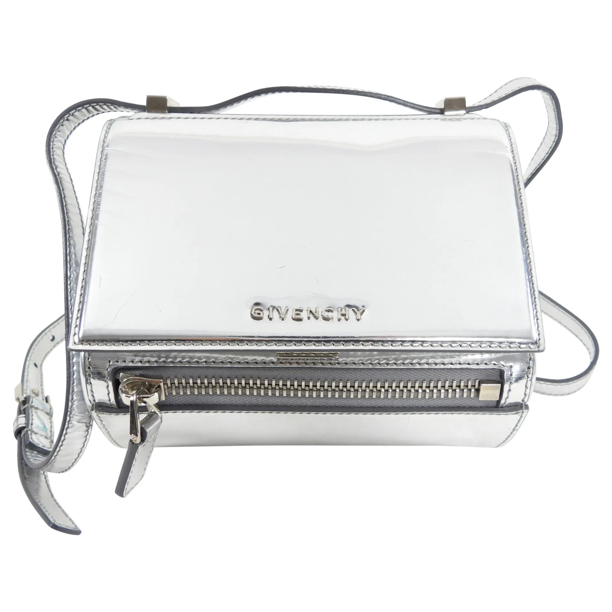 Givenchy Silver Metallic Leather Mini Pandora Box Bag