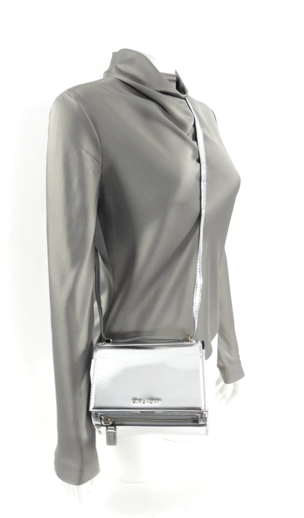 Givenchy Silver Metallic Leather Mini Pandora Box Bag