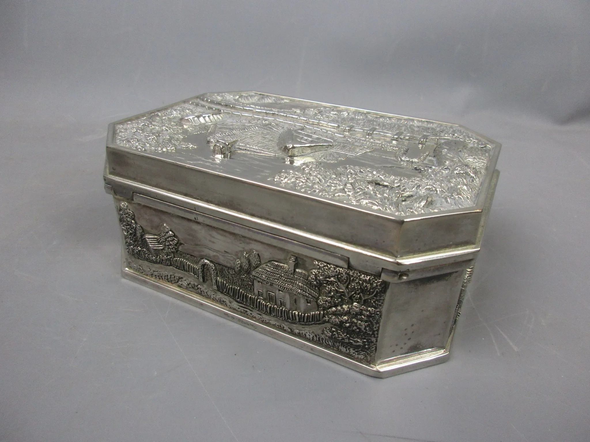 Heavy White Metal Jewellery Box With Rural Water Mill Scene Vintage c1970