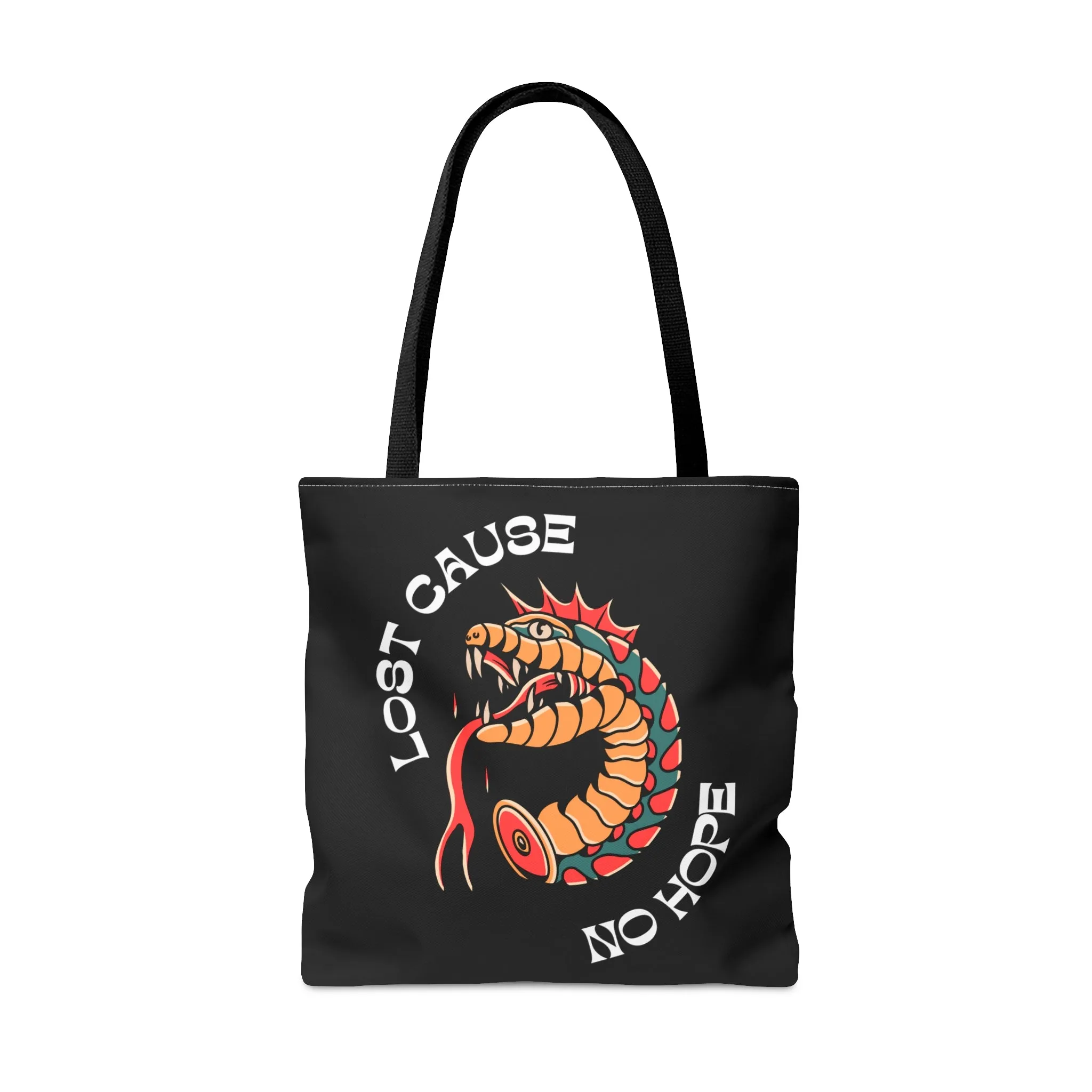 Lost Cause No Hope Snake Head Tattoo Tote Bag in Black