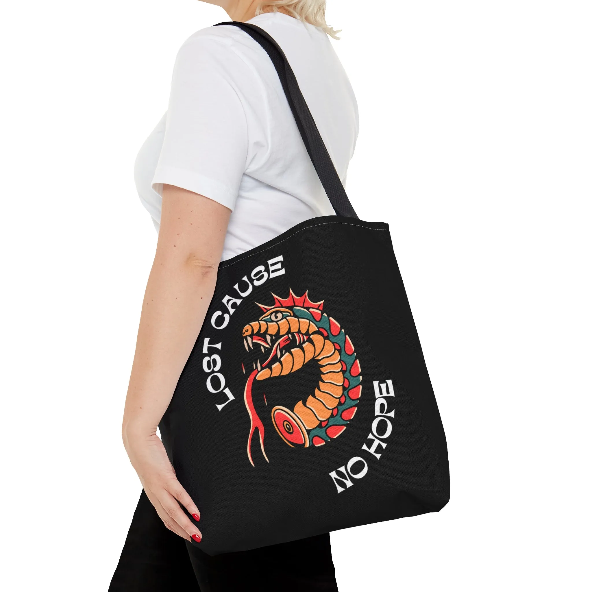 Lost Cause No Hope Snake Head Tattoo Tote Bag in Black