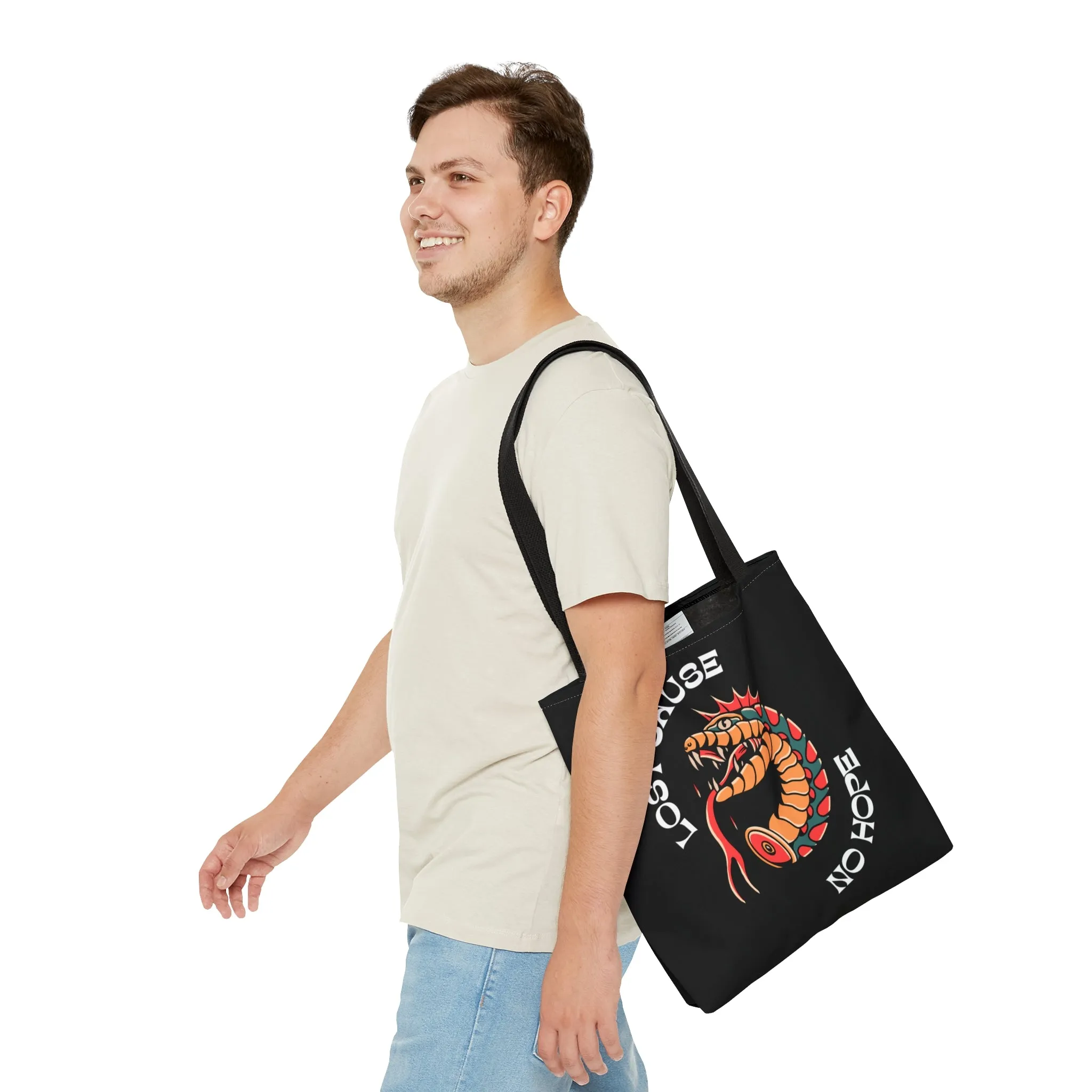 Lost Cause No Hope Snake Head Tattoo Tote Bag in Black