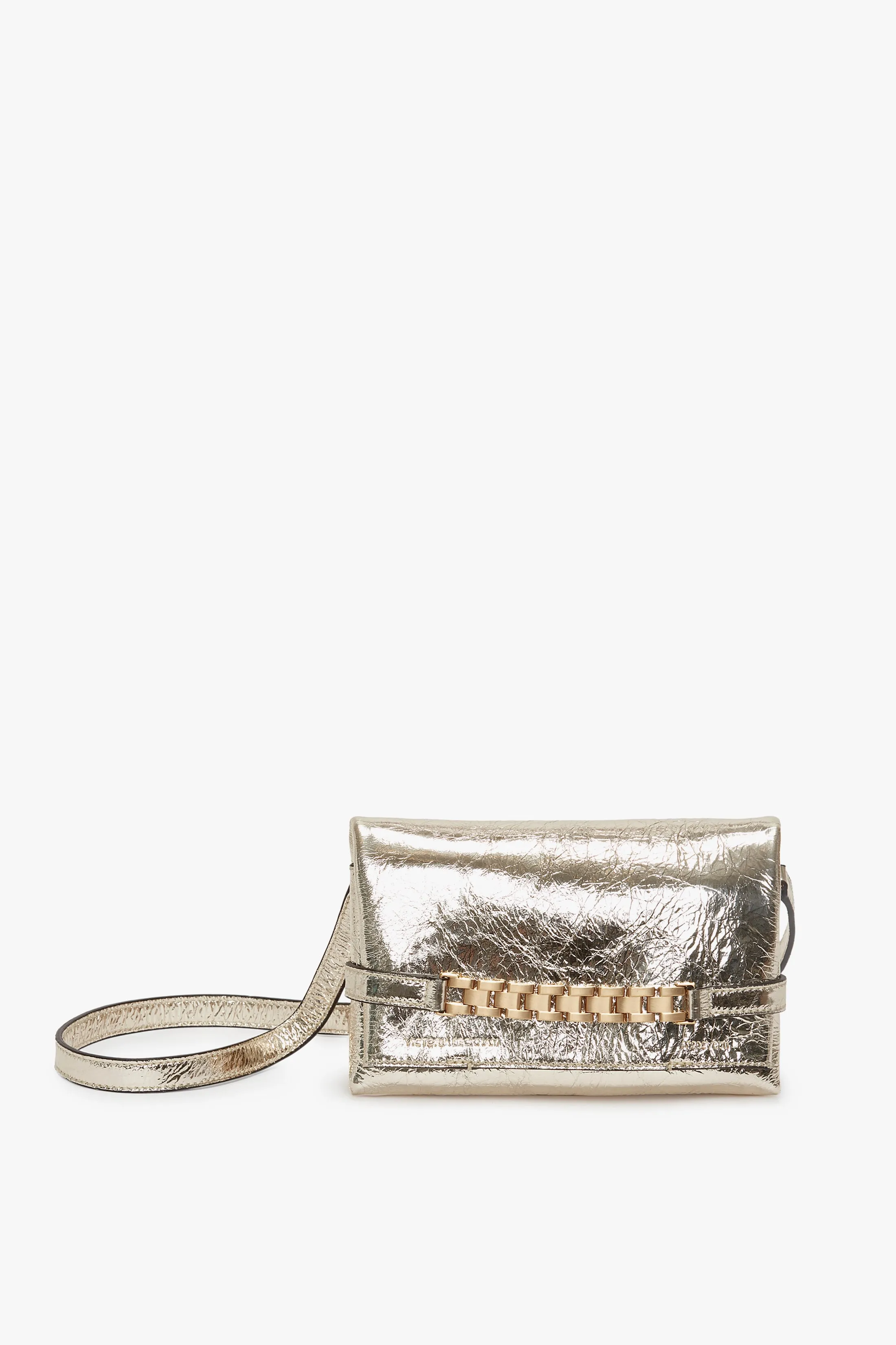 Mini Chain Pouch With Long Strap In Gold Leather