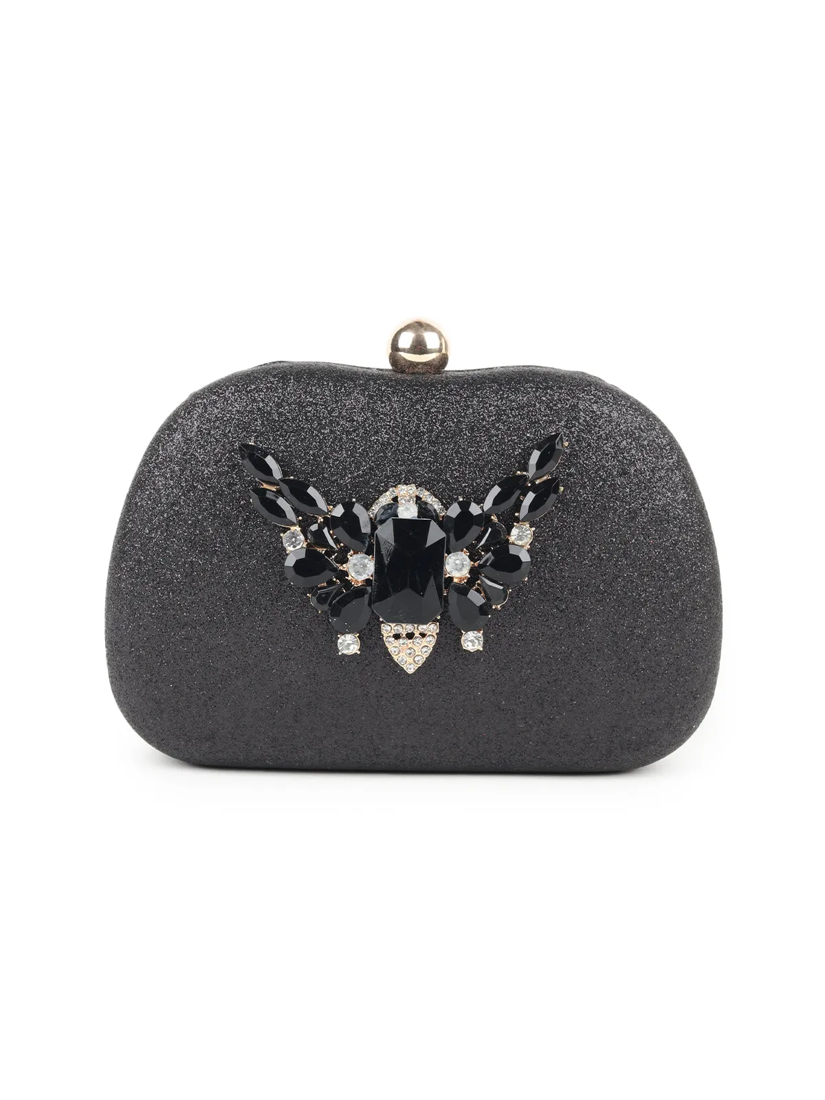 Odette Black Faux Stone Embellished Shimmer Clutch for Women