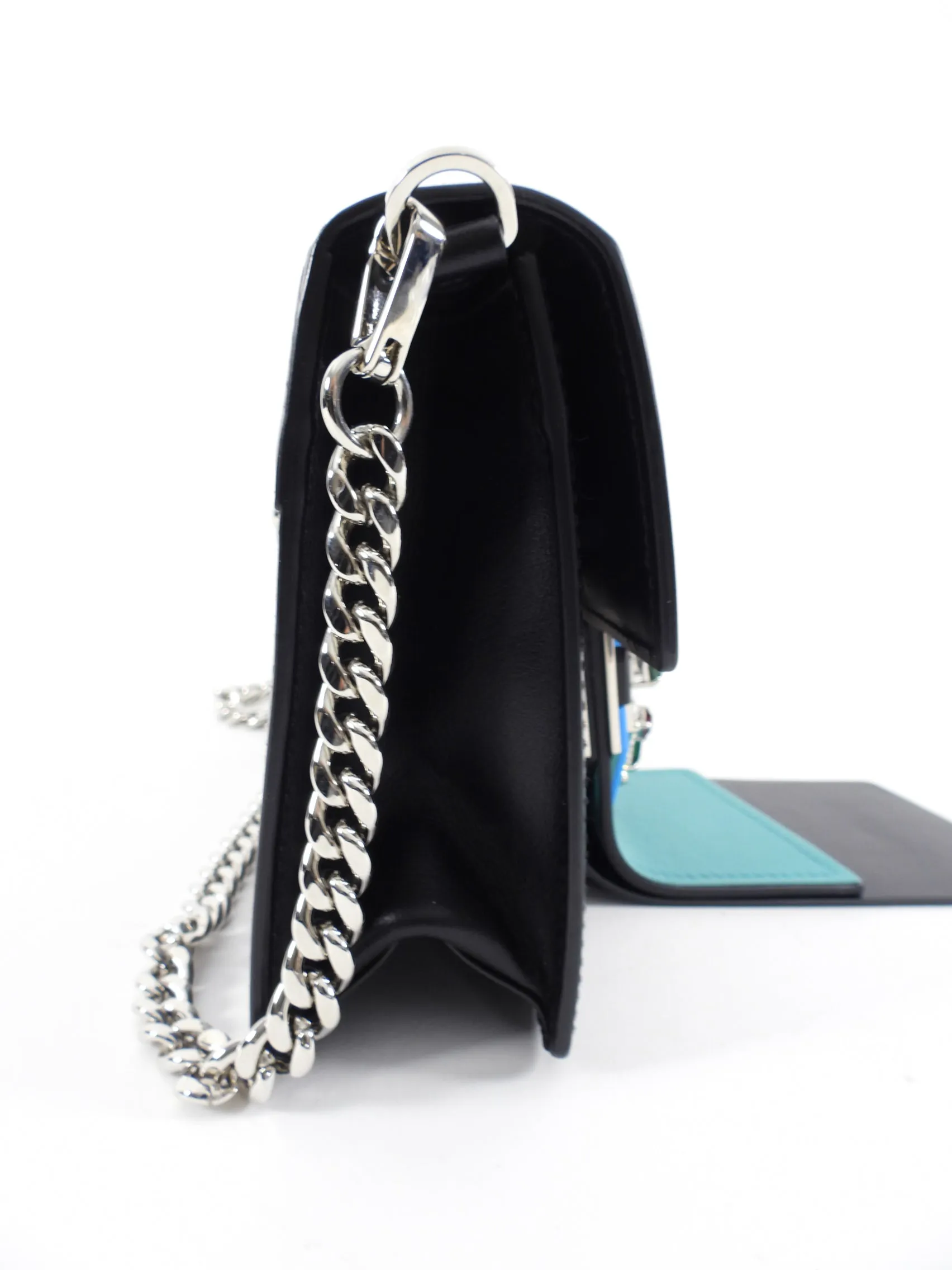 Prada Black and Turuqoise Jewelled City Calf Ribbon Chain Bag