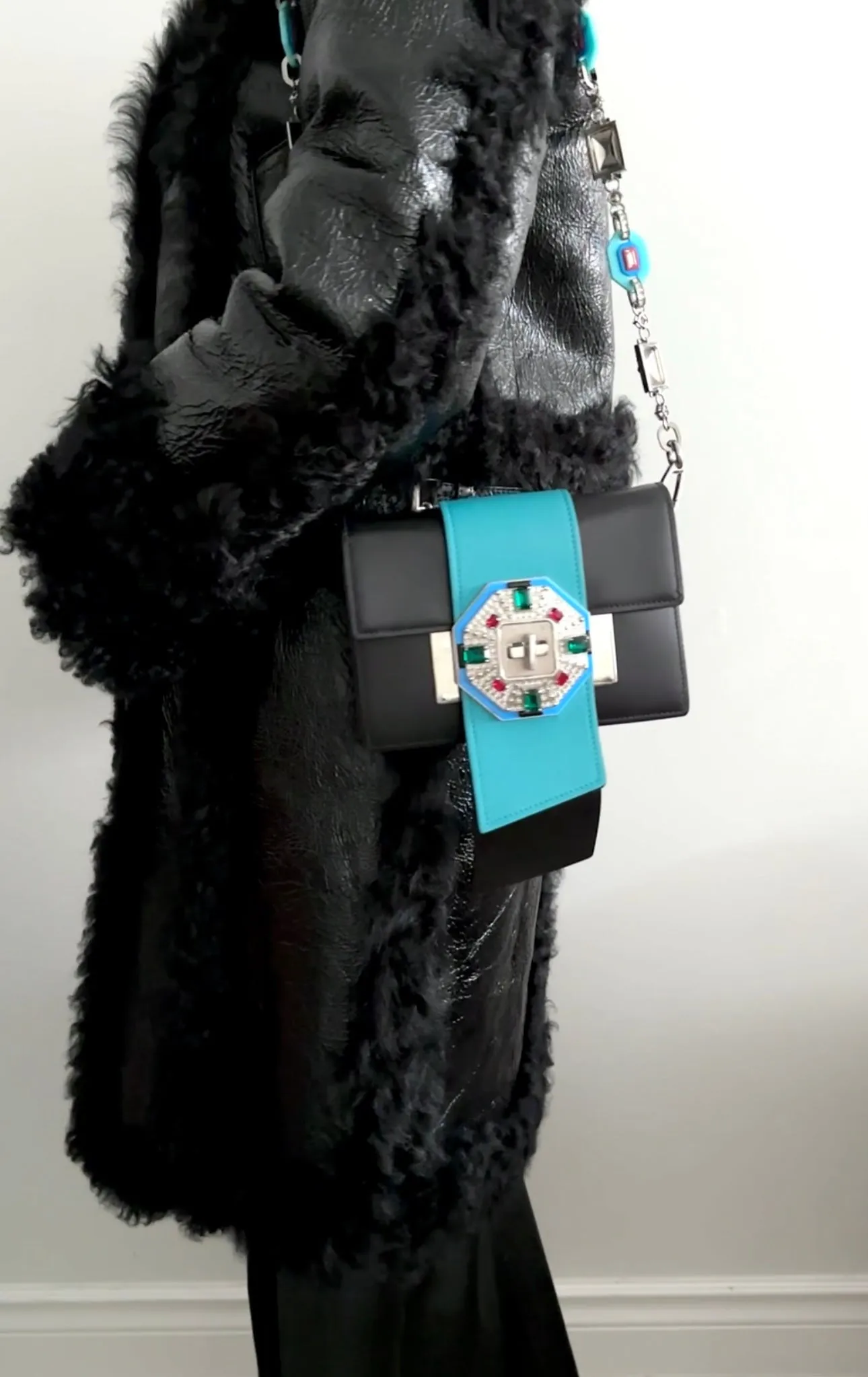 Prada Black and Turuqoise Jewelled City Calf Ribbon Chain Bag