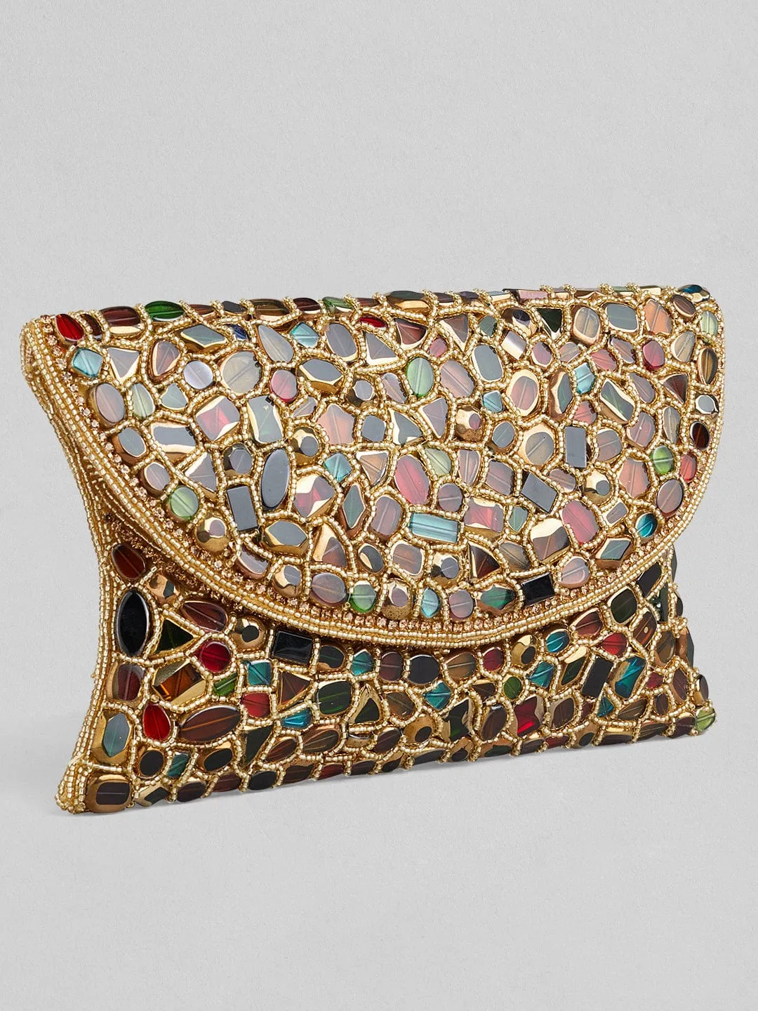 Rubans Multicolour Stone Studded Clutch Bag With Golden Embroided Design.