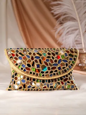 Rubans Multicolour Stone Studded Clutch Bag With Golden Embroided Design.