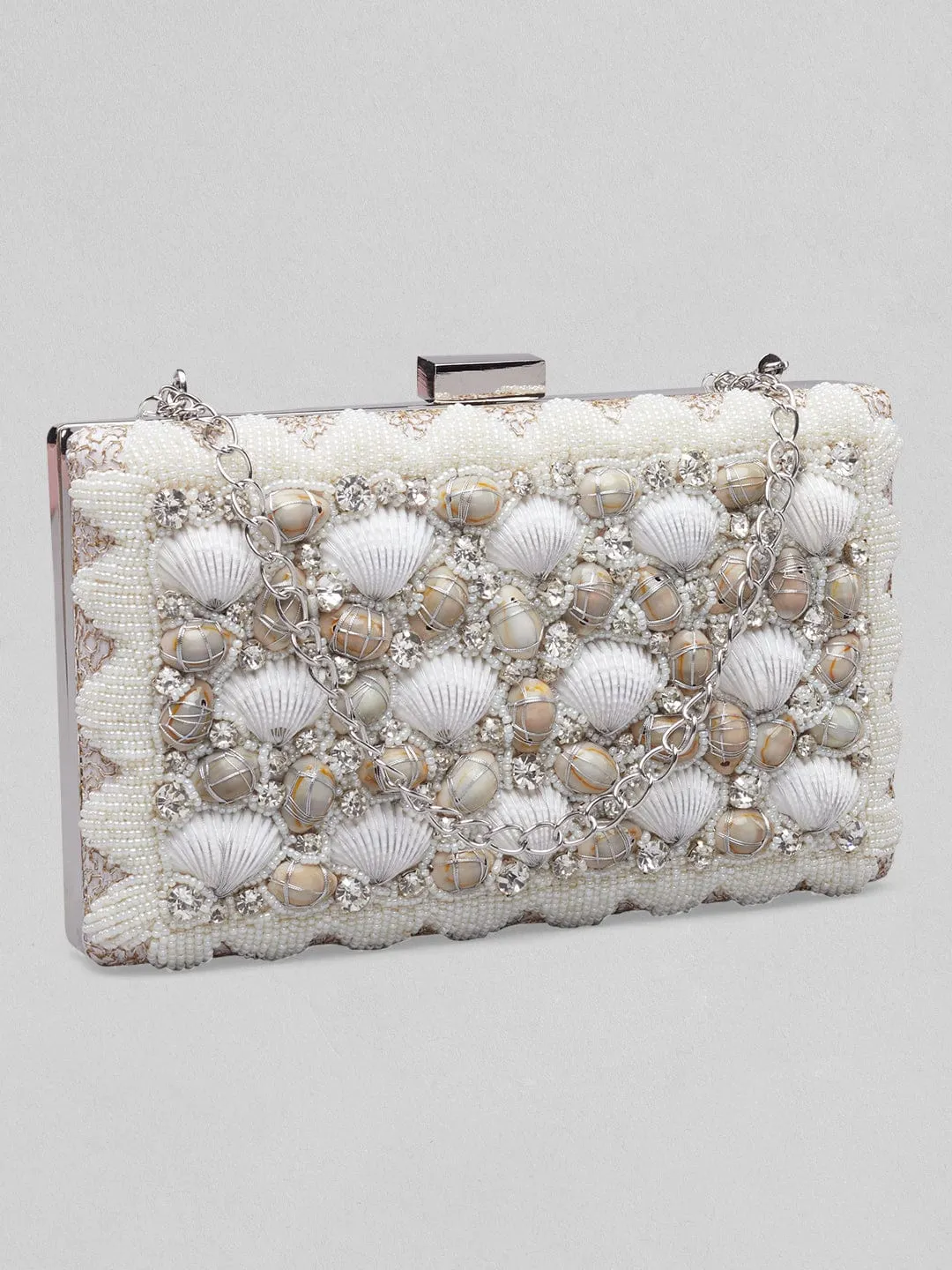 Rubans Off White Coloured Clutch Bag With Shells And Embroided White Design.