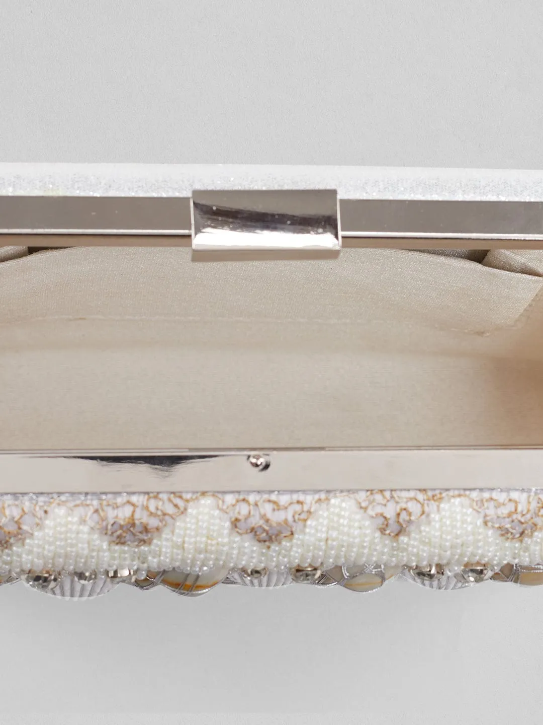 Rubans Off White Coloured Clutch Bag With Shells And Embroided White Design.