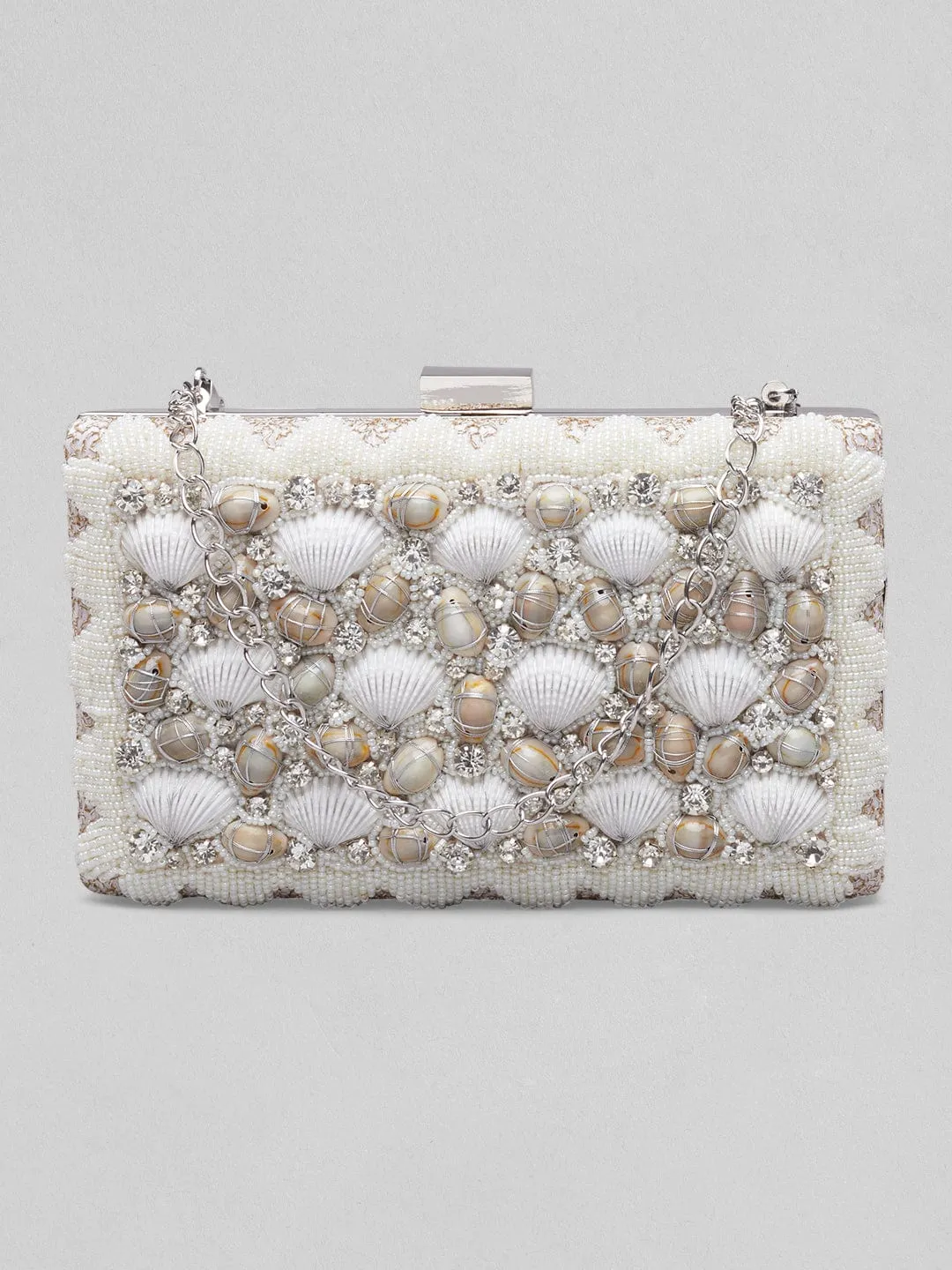 Rubans Off White Coloured Clutch Bag With Shells And Embroided White Design.