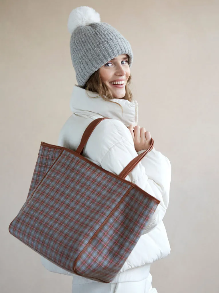 Vale Large Plaid Tote, Brown/Grey/Pink