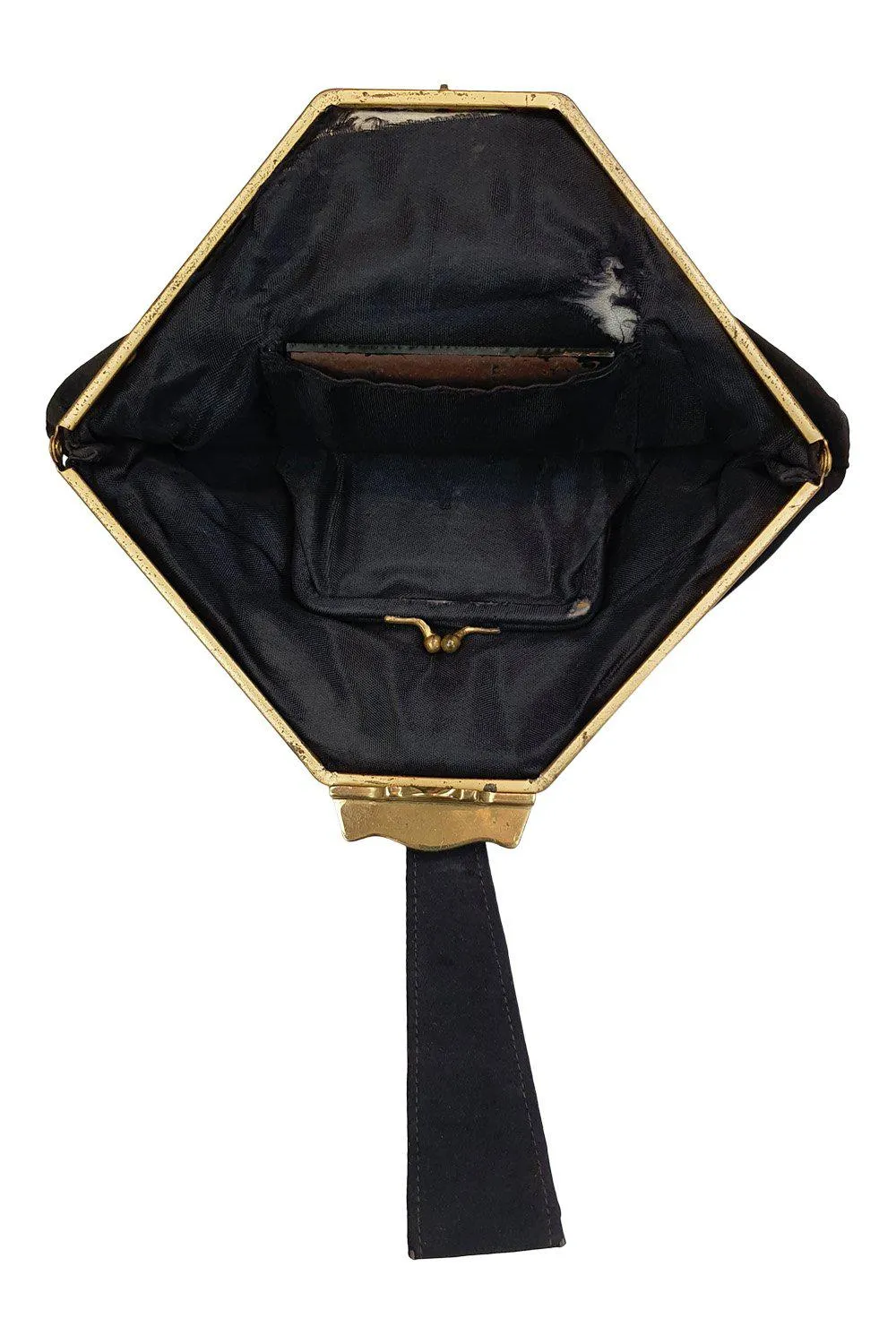 VINTAGE 1930s 1940s Black Silk Fabric Brass Frame Wristlet Bag (S)