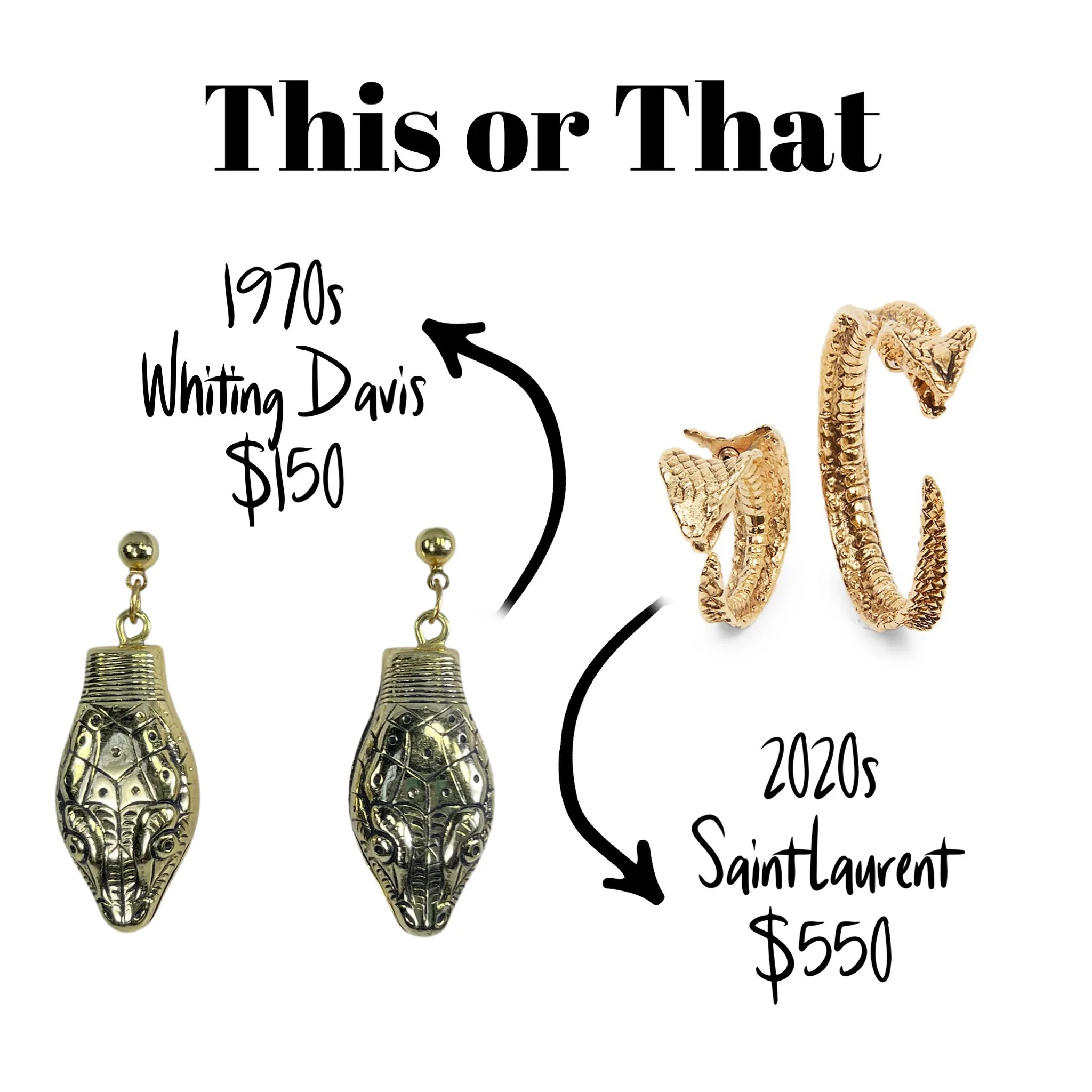 Vintage Snake Drop Earrings by Whiting Davis from the 1970s. Trending Fashion Statement Jewelry.